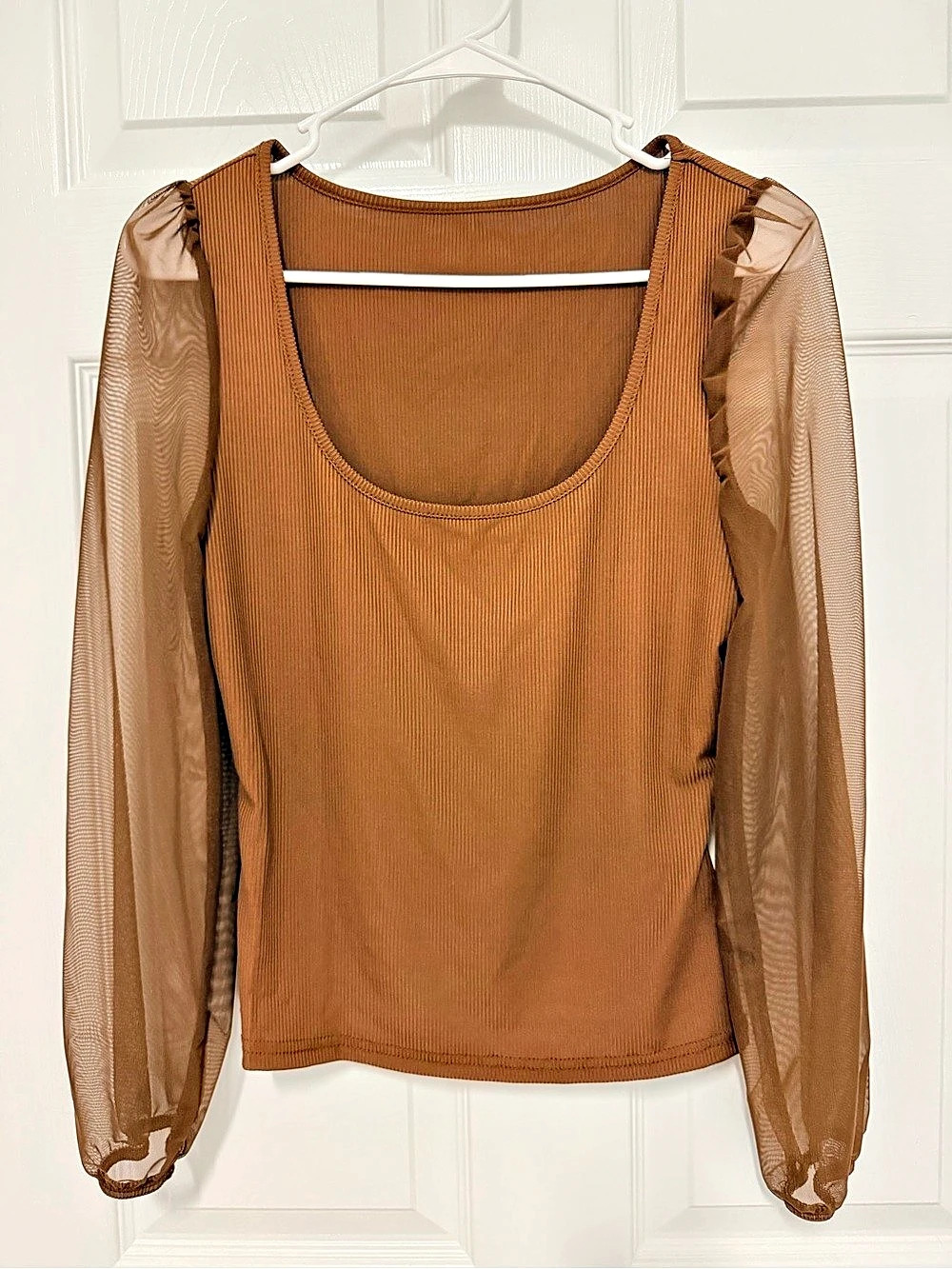 SHEIN Brown Mesh Sleeve Ribbed Top